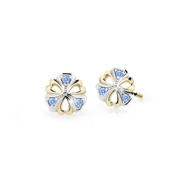 Dětské náušnice Danfil kytičky C2230 ze žlutého zlata s kamínky Arctic Blue, zapínání balónek