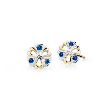 Dětské náušnice Danfil kytičky C2230 ze žlutého zlata s kamínky Dark Blue, zapínání puzeta
