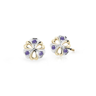 Dětské náušnice Danfil kytičky C2230 ze žlutého zlata s kamínky Amethyst, zapínání balónek