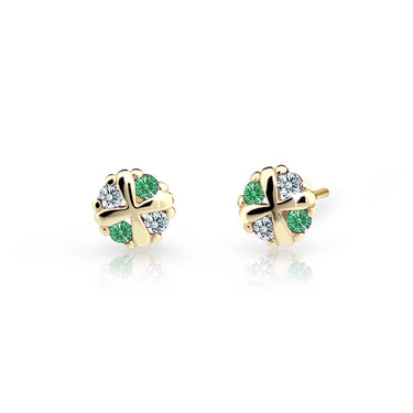 Dětské náušnice Danfil C2153 ze žlutého zlata s kamínky Emerald Green, zapínání balónek