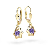 Dětské visací náušnice Danfil hvězdičky C2159 ze žlutého zlata s kamínkem Amethyst, zapínání klapka