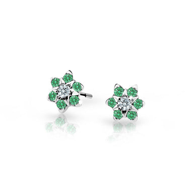 Dětské náušnice Danfil kytičky C2152 z bílého zlata s kamínky Emerald Green, zapínání balónek