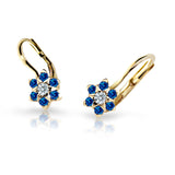 Dětské náušnice Danfil kytičky C2152 ze žlutého zlata s kamínky Dark Blue, zapínání klapka