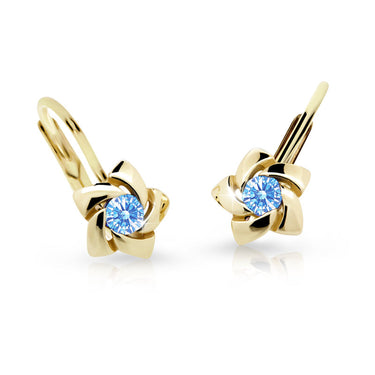Dětské náušnice Danfil C2201 ze žlutého zlata s kamínkem Arctic Blue, zapínání klapka
