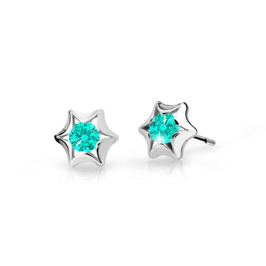 Dětské náušnice Danfil hvězdičky C2159 z bílého zlata s kamínkem Mint Green, zapínání puzeta