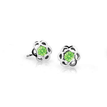 Dětské náušnice Danfil kytičky C2179 z bílého zlata s kamínkem Peridot Green, zapínání balónek