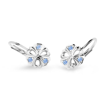 Dětské náušnice Danfil kytičky C2230 z bílého zlata s kamínky Arctic Blue, zapínání klapka