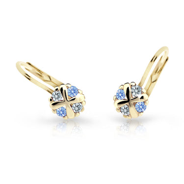 Dětské náušnice Danfil C2153 ze žlutého zlata s kamínky Arctic Blue, zapínání klapka