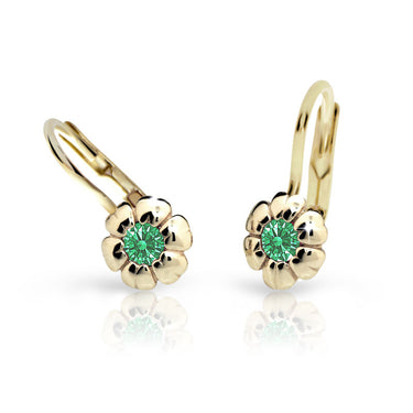 Dětské náušnice Danfil kytičky C2151 ze žlutého zlata s kamínkem Emerald Green, zapínání klapka