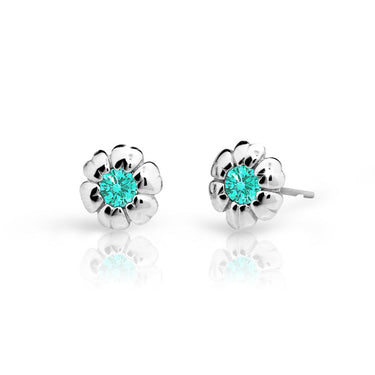 Dětské náušnice Danfil kytičky C2151 z bílého zlata s kamínkem Mint Green, zapínání balónek