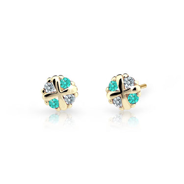 Dětské náušnice Danfil C2153 ze žlutého zlata s kamínky Mint Green, zapínání balónek