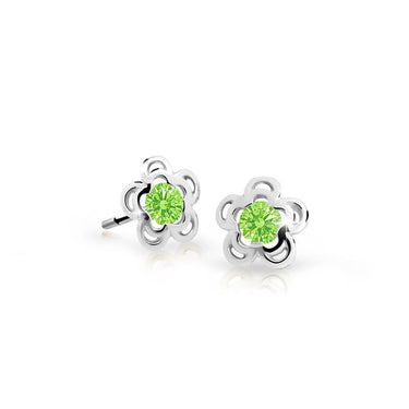 Dětské náušnice Danfil kytičky C2204 z bílého zlata s kamínkem Peridot Green, zapínání balónek