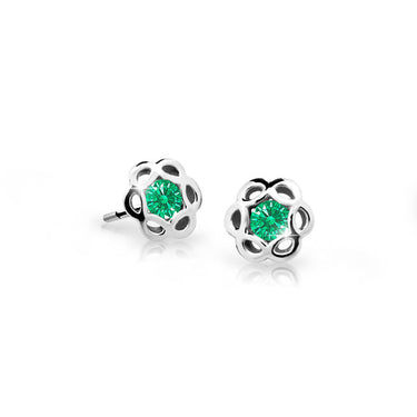 Dětské náušnice Danfil kytičky C2179 z bílého zlata s kamínkem Emerald Green, zapínání balónek