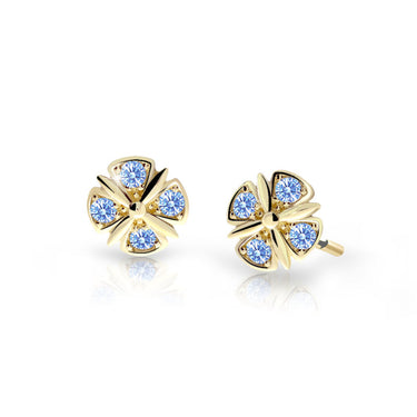 Dětské náušnice Danfil C2245 ze žlutého zlata s kamínky Arctic Blue, zapínání balónek
