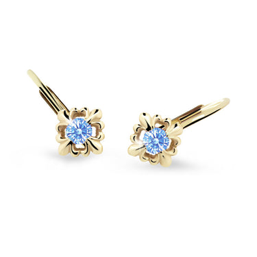 Dětské náušnice Danfil C2212 ze žlutého zlata s kamínkem Arctic Blue, zapínání klapka