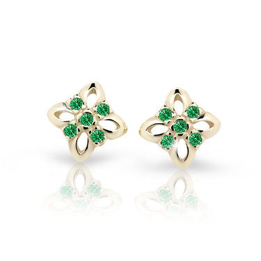 Dětské náušnice Danfil kytičky C2215 ze žlutého zlata s kamínky Emerald Green, zapínání balónek
