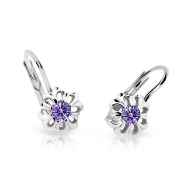 Dětské náušnice Danfil kytičky C2208 z bílého zlata s kamínkem Amethyst, zapínání klapka