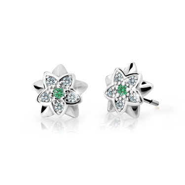 Dětské náušnice Danfil kytičky C2210 z bílého zlata s kamínkem Emerald Green, zapínání balónek
