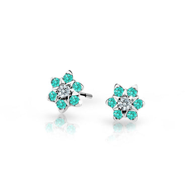 Dětské náušnice Danfil kytičky C2152 z bílého zlata s kamínky Mint Green, zapínání puzeta