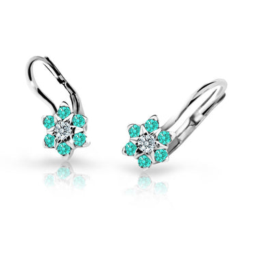 Dětské náušnice Danfil kytičky C2152 z bílého zlata s kamínky Mint Green, zapínání klapka