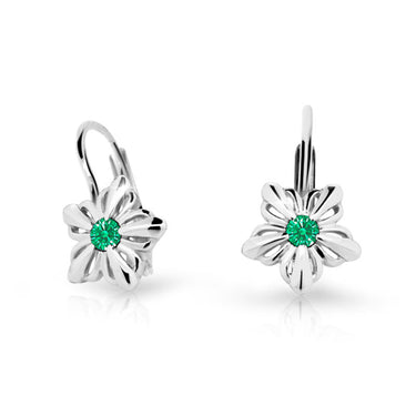 Dětské náušnice Danfil kytičky C2238 z bílého zlata s kamínkem Emerald Green, zapínání klapka