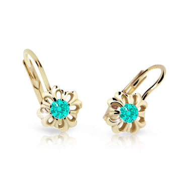 Dětské náušnice Danfil kytičky C2208 ze žlutého zlata s kamínkem Mint Green, zapínání klapka