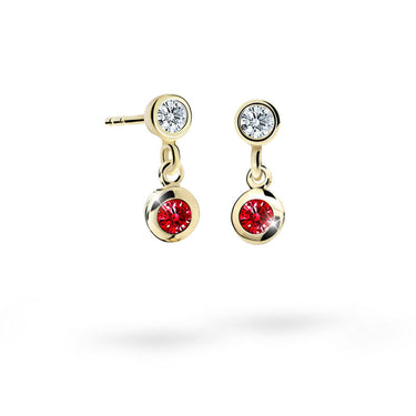 Dětské visací náušnice Danfil C1537 ze žlutého zlata s kamínkem Ruby Dark, zapínání balónek
