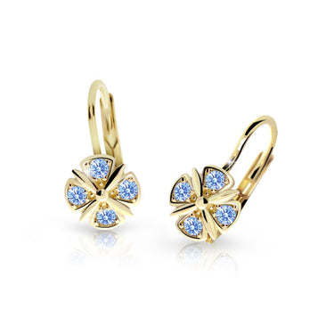 Dětské náušnice Danfil C2245 ze žlutého zlata s kamínky Arctic Blue, zapínání klapka