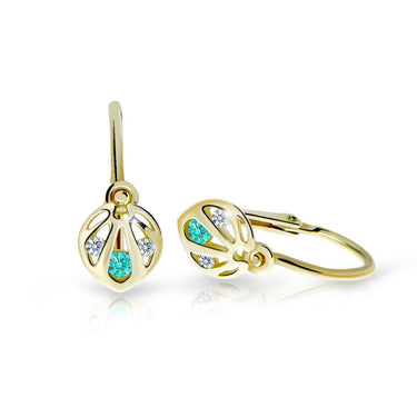 Dětské náušnice Danfil C2265 ze žlutého zlata s kamínkem Mint Green, zapínání brizura