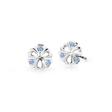 Dětské náušnice Danfil kytičky C2230 z bílého zlata s kamínky Arctic Blue, zapínání puzeta