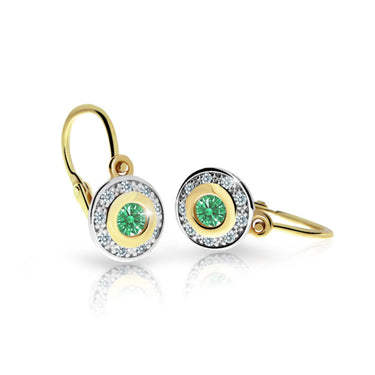 Dětské náušnice Danfil C2400 ze žlutého zlata s kamínkem Emerald Green, zapínání brizura