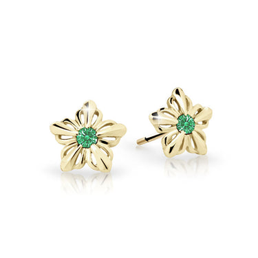 Dětské náušnice Danfil kytičky C2238 ze žlutého zlata s kamínkem Emerald Green, zapínání balónek