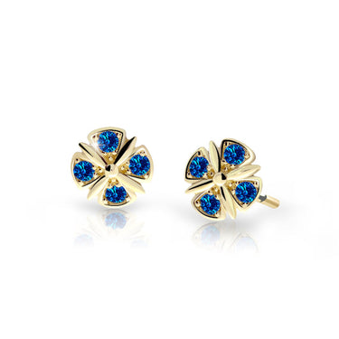 Dětské náušnice Danfil C2245 ze žlutého zlata s kamínky Dark Blue, zapínání balónek