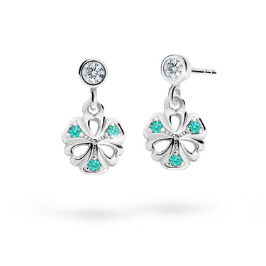 Dětské visací náušnice Danfil kytičky C2230 z bílého zlata s kamínky Mint Green, zapínání balónek