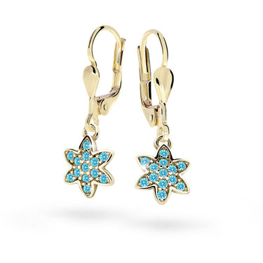 Dětské visací náušnice Danfil kytičky C2206 ze žlutého zlata s kamínky Mint Green, zapínání klapka