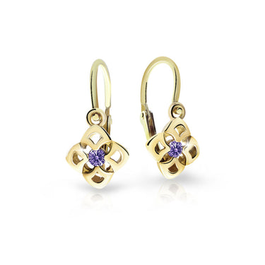 Dětské náušnice Danfil C2258 ze žlutého zlata s kamínkem Amethyst, zapínání brizura