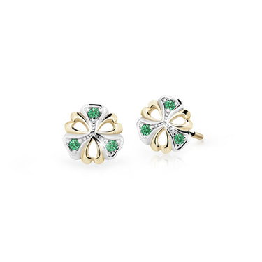 Dětské náušnice Danfil kytičky C2230 ze žlutého zlata s kamínky Emerald Green, zapínání balónek