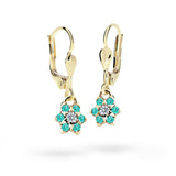 Dětské visací náušnice Danfil kytičky C2152 ze žlutého zlata s kamínky Mint Green, zapínání klapka