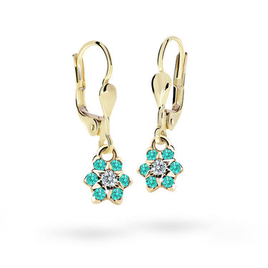 Dětské visací náušnice Danfil kytičky C2152 ze žlutého zlata s kamínky Mint Green, zapínání klapka