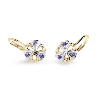 Dětské náušnice Danfil kytičky C2230 ze žlutého zlata s kamínky Amethyst, zapínání klapka