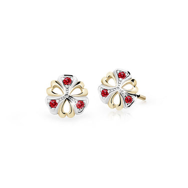 Dětské náušnice Danfil kytičky C2230 ze žlutého zlata s kamínky Ruby Dark, zapínání puzeta