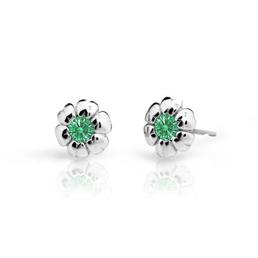 Dětské náušnice Danfil kytičky C2151 z bílého zlata s kamínkem Emerald Green, zapínání puzeta
