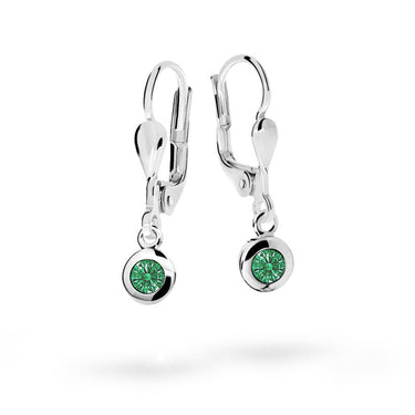 Dětské visací visací náušnice Danfil C1537 z bílého zlata s kamínkem Emerald Green, zapínání klapka