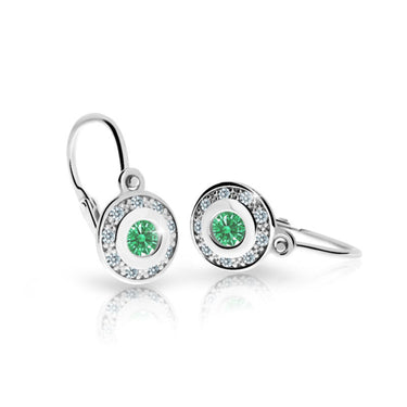 Dětské náušnice Danfil C2400 z bílého zlata s kamínkem Emerald Green, zapínání brizura