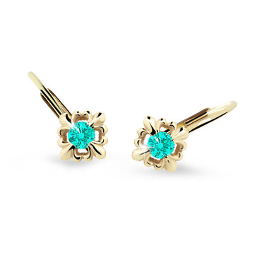 Dětské náušnice Danfil C2212 ze žlutého zlata s kamínkem Mint Green, zapínání klapka