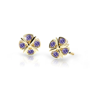 Dětské náušnice Danfil C2245 ze žlutého zlata s kamínky Amethyst, zapínání puzeta