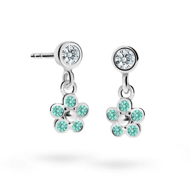 Dětské visací náušnice Danfil kytičky C2744 z bílého zlata s kamínky Mint Green, zapínání balónek