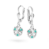Dětské visací náušnice Danfil kytičky C2230 z bílého zlata s kamínky Mint Green, zapínání klapka