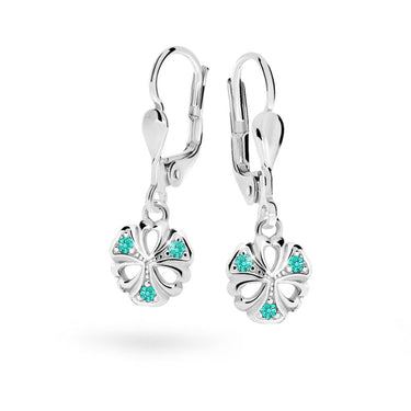 Dětské visací náušnice Danfil kytičky C2230 z bílého zlata s kamínky Mint Green, zapínání klapka