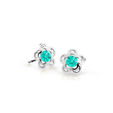 Dětské náušnice Danfil kytičky C2204 z bílého zlata s kamínkem Mint Green, zapínání balónek